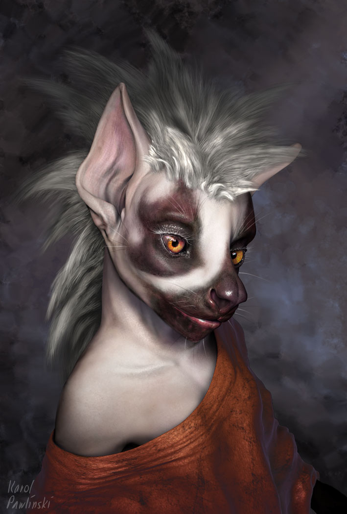 3d bust female hairless lemur photorealism portrait red robe shadowsquirrel solo whiskers wraith