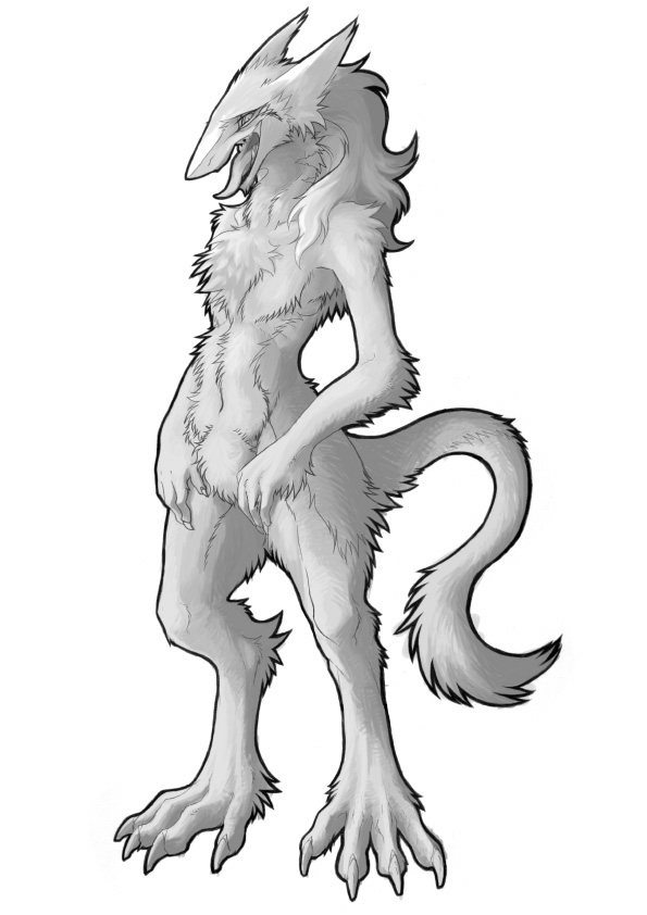 animal_ears claws digitigrade female flat_chest full_body fur furry monochrome nude open_mouth rain_silves sergal simple_background solo standing tail tongue trancy_mick white_background wide_hips