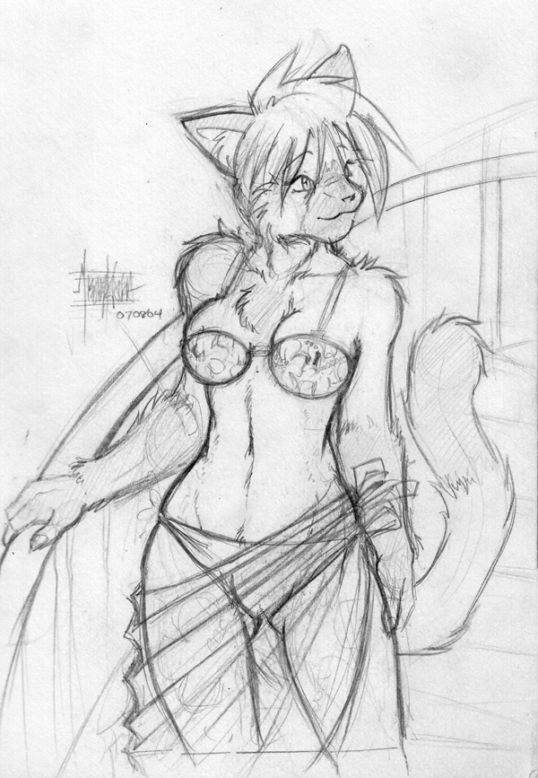 bikini breasts cat chest_tuft erika_(meesh) feline female meesh sarong siamese sketch skimpy solo stairs