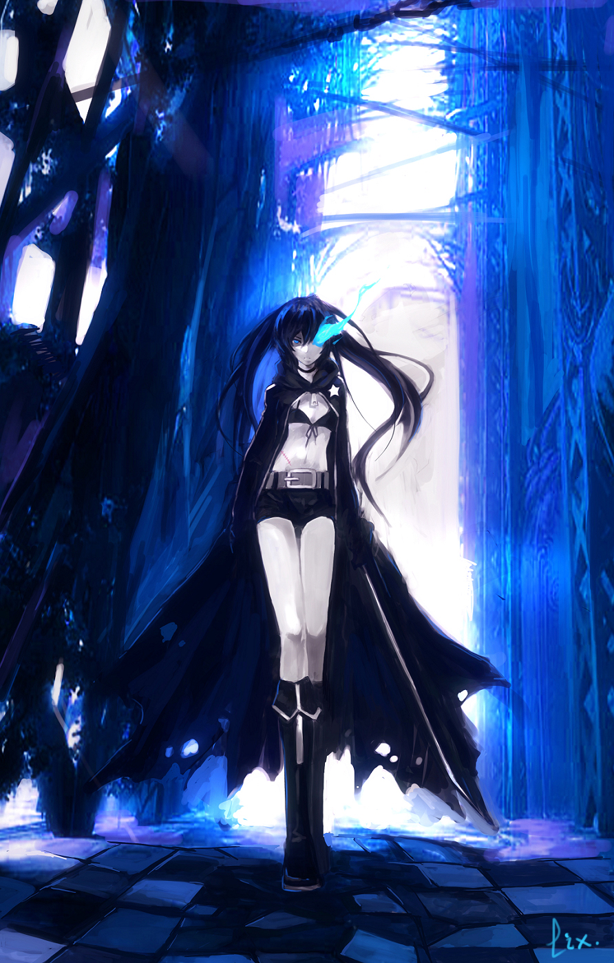 bad_id bad_pixiv_id belt bikini_top black_rock_shooter black_rock_shooter_(character) boots coat highres long_hair scar shorts solo twintails zhuxiao517