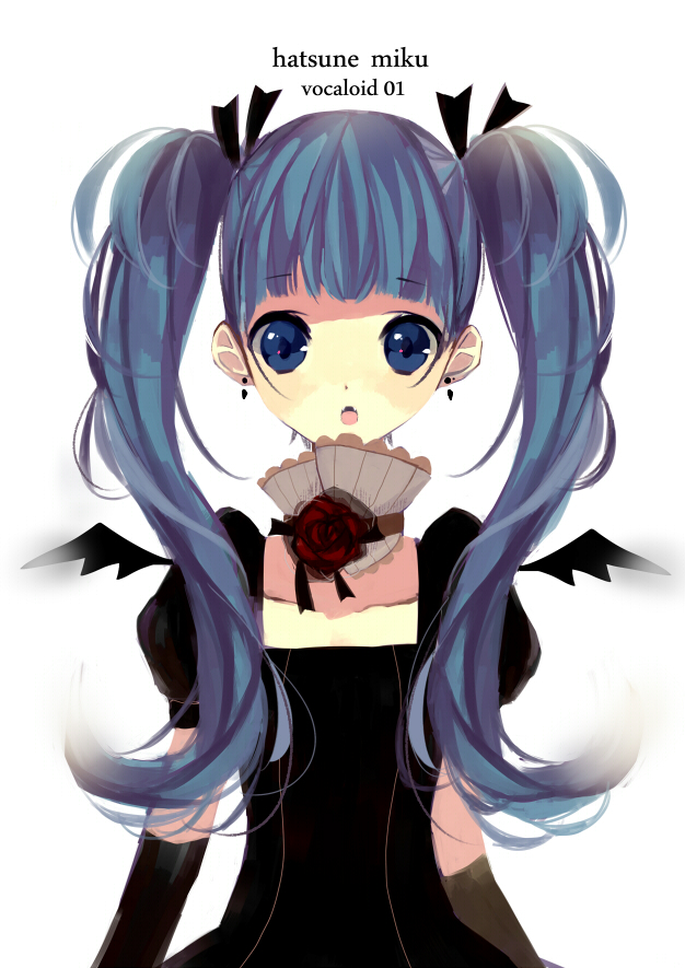 bad_id bad_pixiv_id bat_wings blue_eyes blue_hair earrings elbow_gloves gloves hatsune_miku jewelry long_hair open_mouth simple_background solo twintails vocaloid wings yayuyo