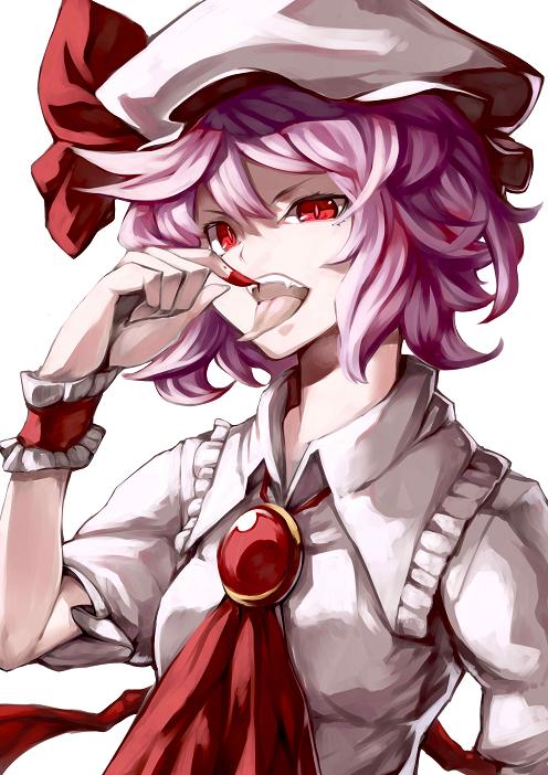 ascot blood brooch fangs fingernails hat jewelry jpeg_artifacts mob_cap open_mouth pink_hair purple_hair red_eyes remilia_scarlet ribbon short_hair short_sleeves slit_pupils solo sukocchi tongue tongue_out touhou upper_body vampire wrist_cuffs