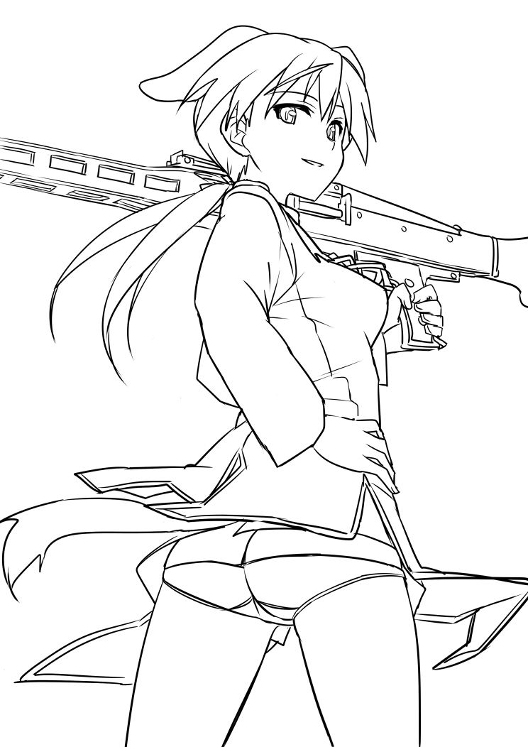 animal_ears ass bad_id bad_pixiv_id butt_crack gertrud_barkhorn greyscale gun lineart long_hair looking_back lowleg lowleg_panties monochrome ningen_(ningen96) no_pants panties solo strike_witches tail underwear weapon world_witches_series