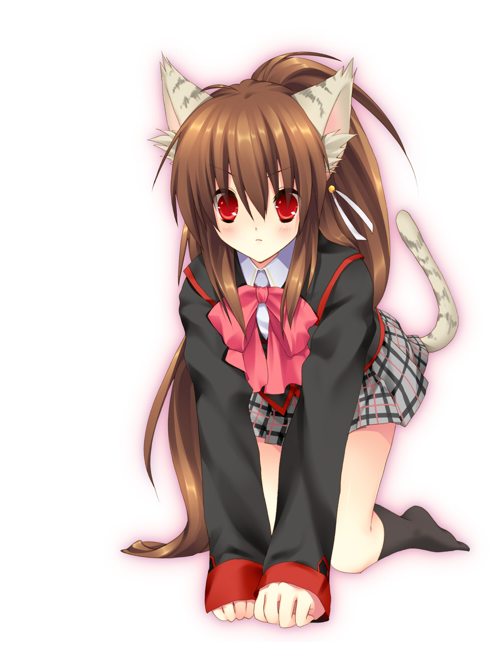 all_fours animal_ears blush bow brown_hair cat_ears cat_tail highres kneehighs little_busters! long_hair natsume_rin pink_bow plaid plaid_skirt ponytail red_eyes ribbon school_uniform skirt solo tail tokira_nozumi