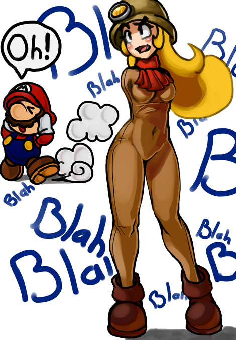 1girl ankle_boots blonde_hair bodysuit boots covering_ears cravat elazuls-core eyebrows fang goombella helmet impossible_bodysuit impossible_clothes long_hair mario mario_(series) no_arms paper_mario paper_mario:_the_thousand_year_door personification pith_helmet simple_background standing super_mario_bros. thick_eyebrows