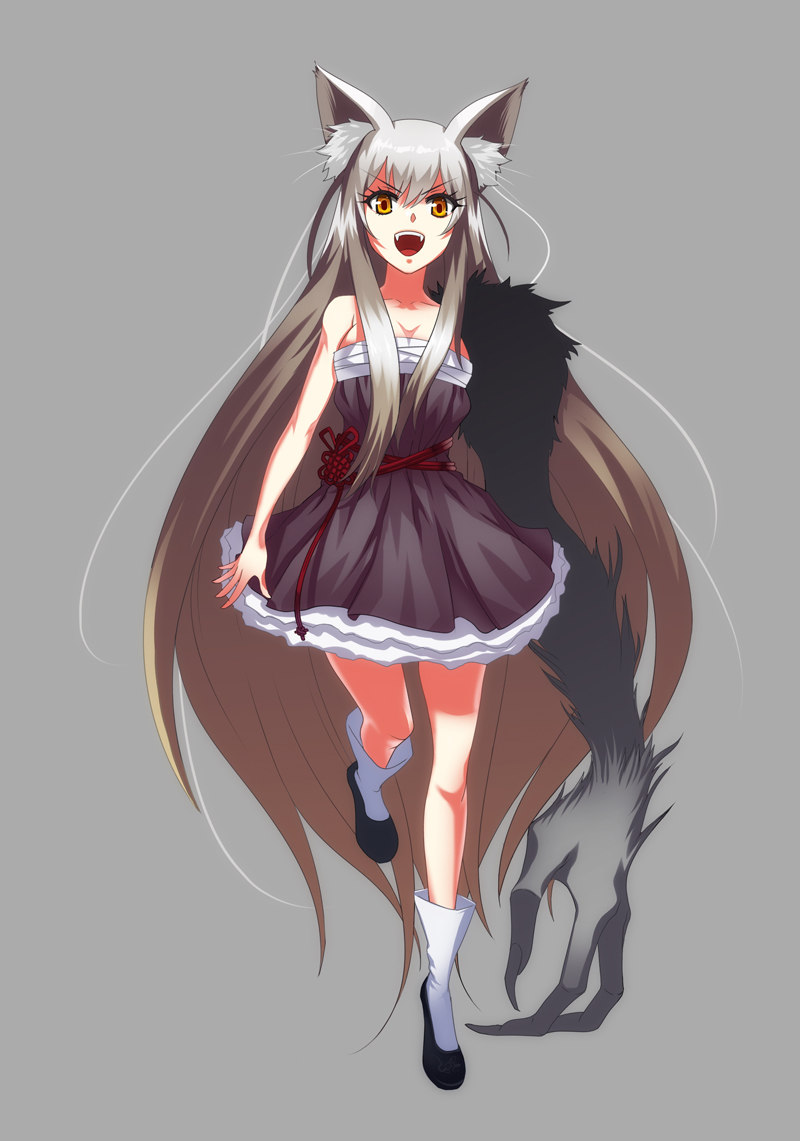 :d animal_ears arm bare_legs bare_shoulders fangs fur grey_background long_hair open_mouth original silver_hair simple_background sleeveless smile solo v-shaped_eyebrows very_long_hair yellow_eyes yunori