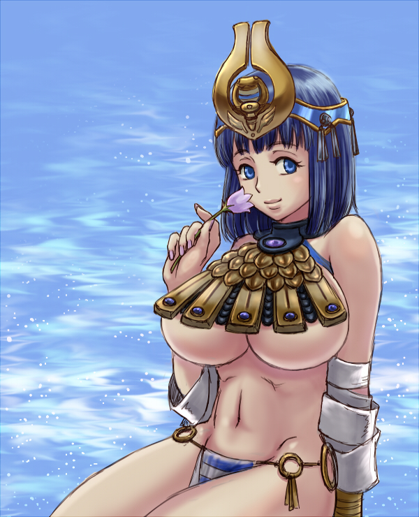 bandages black_hair blue_eyes commentary_request crown egyptian eleventh flower menace panties queen's_blade solo striped striped_panties underwear water wrist_cuffs