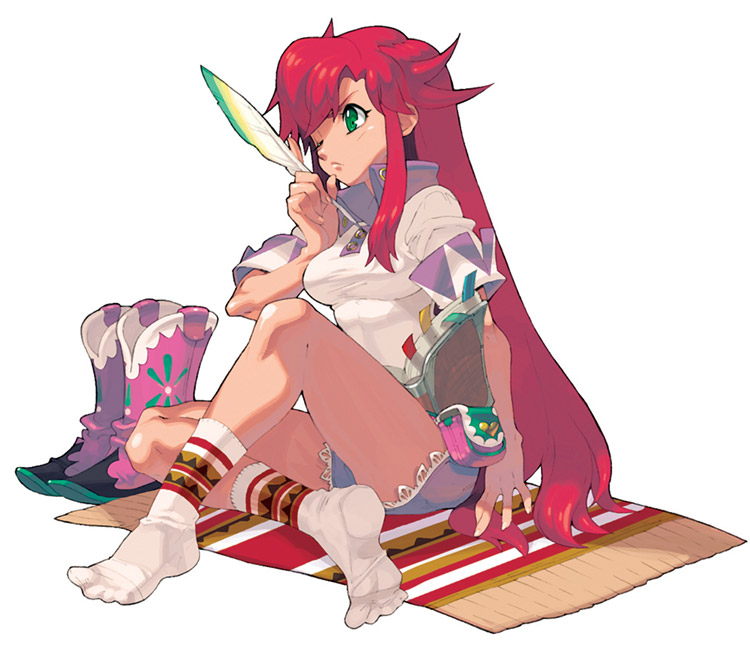 ahoge bag blue_shorts boots breasts feathers feet frown fujimoto_hideaki full_body green_eyes handbag heart long_hair medium_breasts official_art one_eye_closed pink_footwear rebecca_streisand red_hair rug scan shirt shorts sidelocks simple_background sitting socks solo taut_clothes taut_shorts white_background wild_arms wild_arms_5