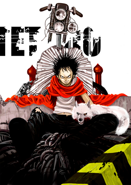 akira blood cape male male_focus messy_hair motor_vehicle motorcycle shima_tetsuo smirk throne vehicle wolf