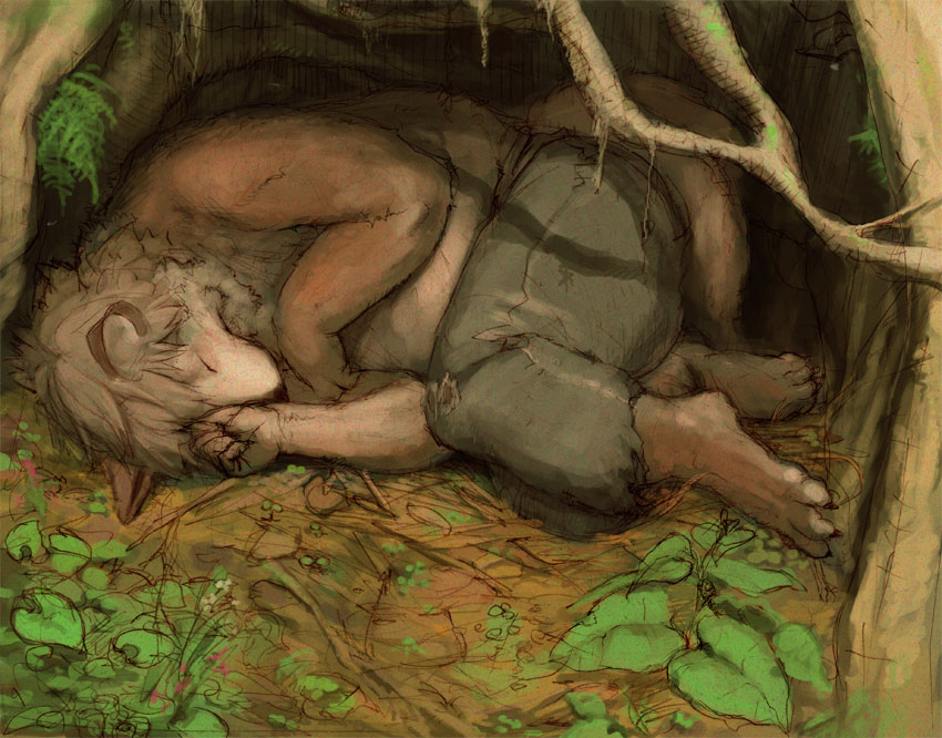 clothing dog eyes_closed foliage grass kunugi leaves mammal nature pants sleeping solo topless tree wood