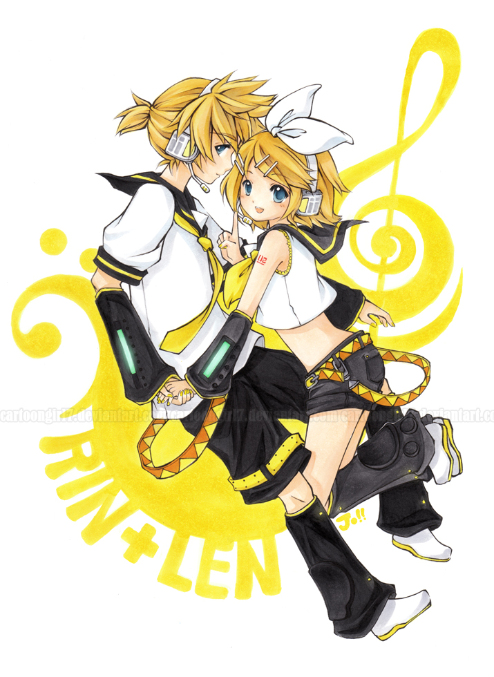 1girl blonde_hair blue_eyes brother_and_sister detached_sleeves hair_ornament hair_ribbon hairclip headphones holding_hands joanna_(mojo!) kagamine_len kagamine_rin midriff necktie open_mouth ribbon short_hair shorts siblings smile traditional_media twins vocaloid watermark yellow_neckwear