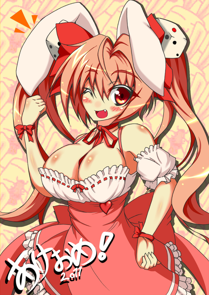 animal_ears bad_id bad_pixiv_id bare_shoulders blush bow breasts bunny_ears cleavage di_gi_charat dice dice_hair_ornament dress hair_ornament hair_ribbon large_breasts long_hair one_eye_closed pink_hair red_eyes ribbon sayossa_(pak-front) solo twintails usada_hikaru very_long_hair