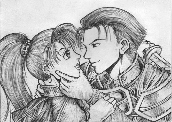 1boy 1girl angry armor chin_grab couple earrings eye_contact fingerless_gloves fire_emblem fire_emblem:_rekka_no_ken fire_emblem_blazing_sword gloves hector hector_(fire_emblem) incipient_kiss jewelry katana lips long_hair looking_at_another lyn lyndis_(fire_emblem) monochrome ponytail short_hair smile sword weapon wrist_grab