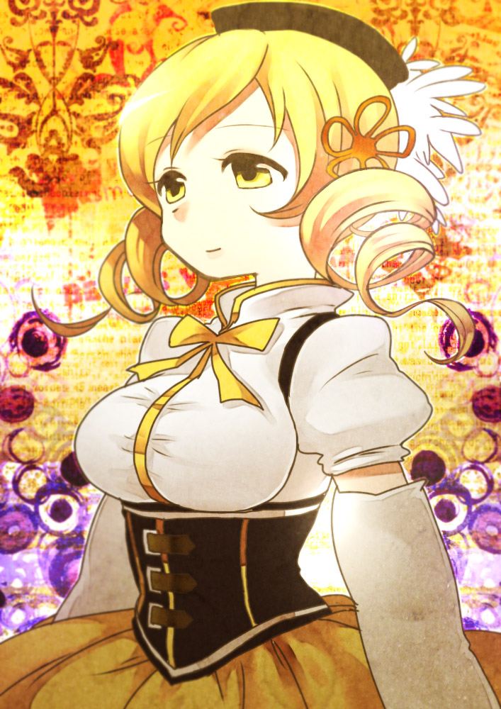 bad_id bad_pixiv_id beret blonde_hair breasts corset detached_sleeves drill_hair gpnet hair_ornament hat large_breasts magical_girl mahou_shoujo_madoka_magica pleated_skirt puffy_sleeves shirt skirt solo taut_clothes taut_shirt tomoe_mami yellow_eyes