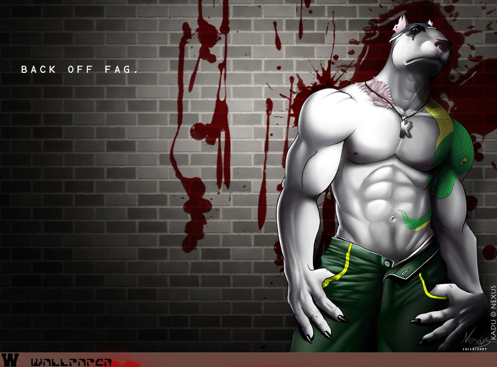 abs blood canine dog fag hood looking_at_viewer male nexus pitbull scar solo tattoo topless torn_ear wallpaper