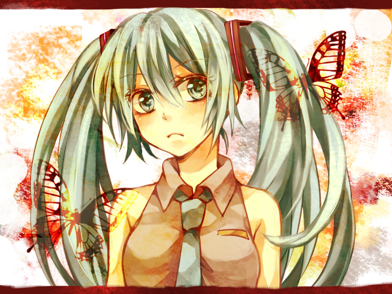 :&lt; bad_id bad_pixiv_id bare_shoulders bug butterfly face green_eyes green_hair hatsune_miku insect long_hair makoto_(roketto-massyumaro) necktie solo twintails upper_body vocaloid