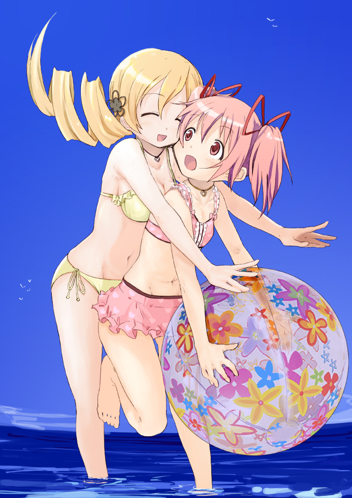 :d :o abe_kanari ball barefoot beachball bikini bikini_skirt bird blonde_hair blue_sky closed_eyes day drill_hair face hands heart heart_print hug hug_from_behind jewelry kaname_madoka mahou_shoujo_madoka_magica multiple_girls navel necklace ocean official_style open_mouth pink_eyes pink_hair short_hair short_twintails side-tie_bikini sky smile swimsuit tomoe_mami twintails wading