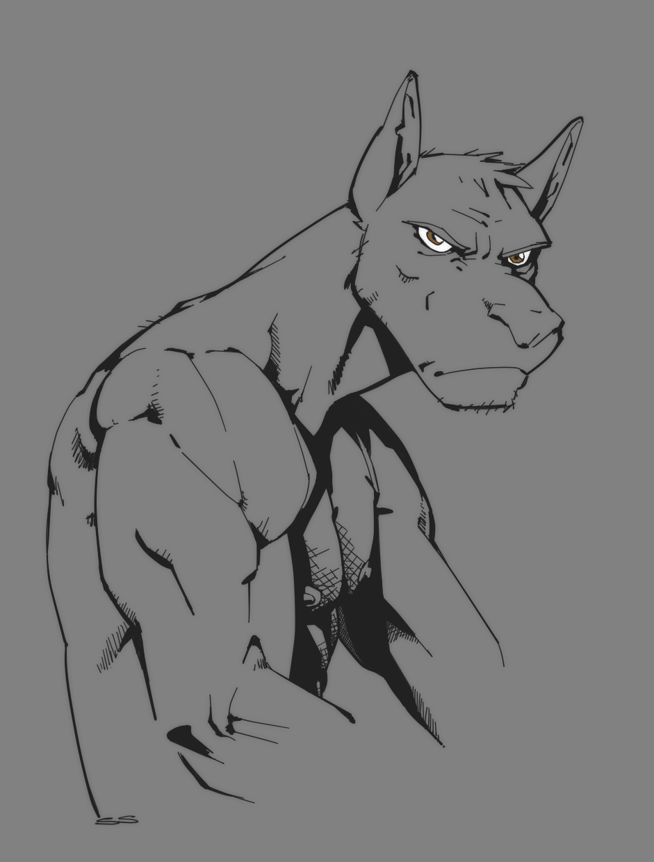 anthro biceps brown_eyes grey grey_theme kangaroo male mammal marsupial monochrome muscles muzzle nipples nude pointy_ears pose sketch snout solo superslickslasher