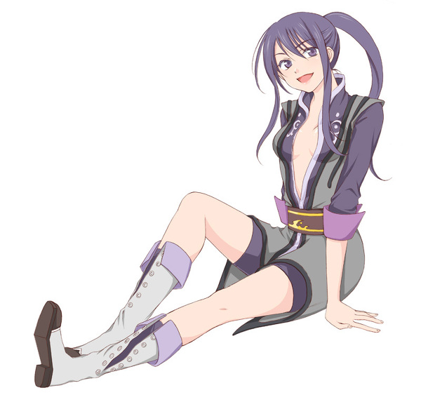 boots breasts genderswap long_hair nyaa_(hocco26) open_mouth open_shirt ponytail purple_eyes purple_hair simple_background sitting smile solo tales_of_(series) tales_of_vesperia yuri_lowell