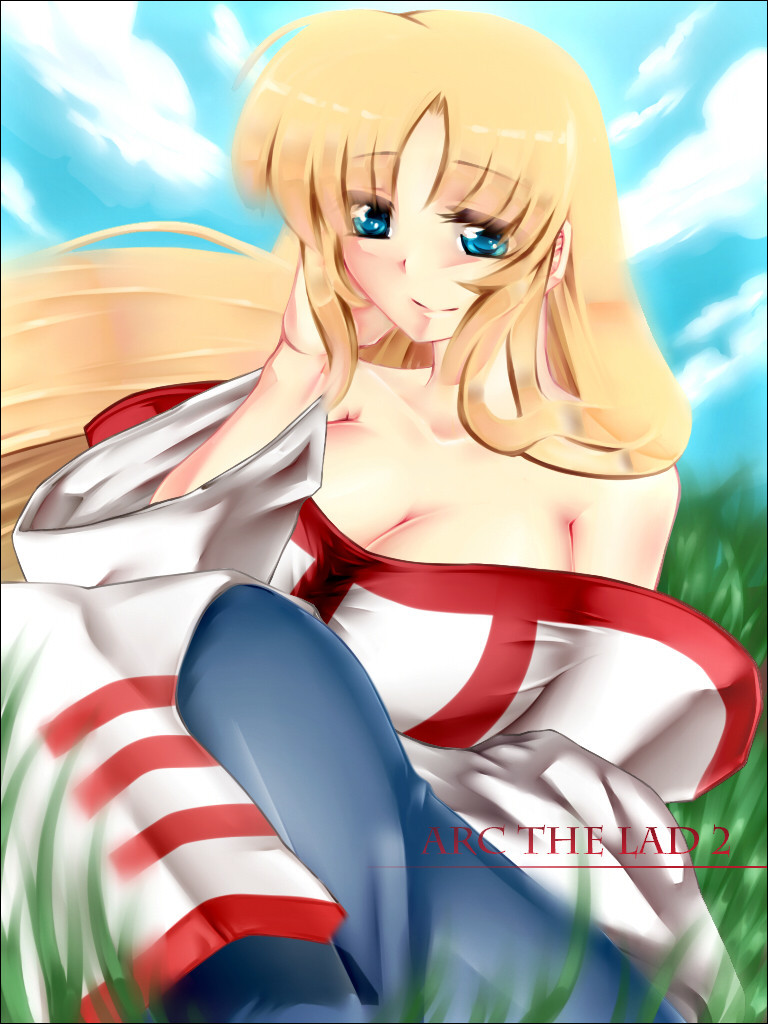 arc_the_lad arc_the_lad_ii bare_shoulders big_breasts blonde_hair blue_eyes breasts cleavage dress female jojuen large_breasts lieza long_hair nature outdoors plant sitting sky solo