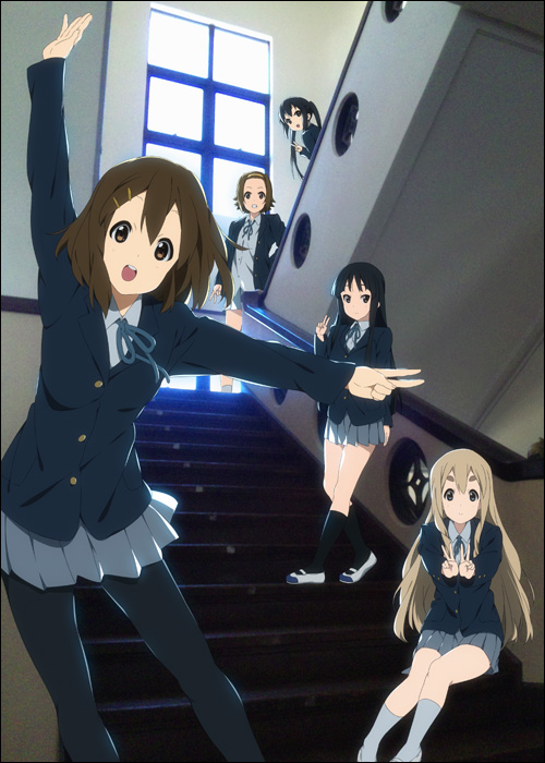 akiyama_mio black_hair blonde_hair blue_eyes brown_eyes brown_hair hirasawa_yui k-on! kotobuki_tsumugi long_hair mizuki_makoto multiple_girls nakano_azusa pantyhose school_uniform sitting sitting_on_stairs skirt stairs tainaka_ritsu twintails v