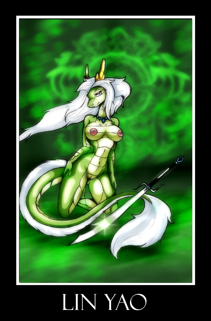 arturo_juarez breasts chinese_dragon dragon female green green_theme hair kneeling nipples nude solo sword weapon white_hair