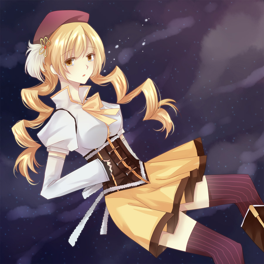 bad_id bad_pixiv_id beret blonde_hair boots breasts chiobox cloud drill_hair dutch_angle fingerless_gloves gloves hair_ornament hand_on_hip hat long_hair magical_girl mahou_shoujo_madoka_magica medium_breasts pleated_skirt puffy_sleeves skirt solo star_(sky) tears thighhighs tomoe_mami yellow_eyes