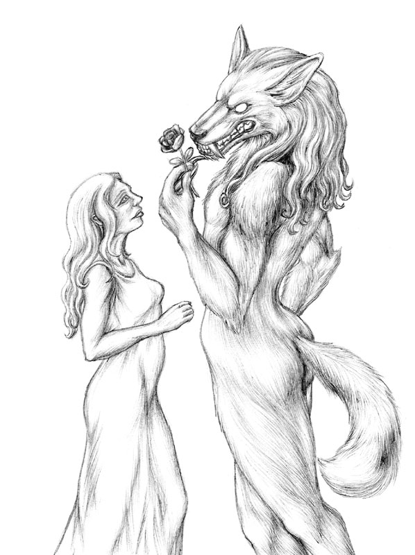 canine chewtoy couple dress female human rose sketch werewolf wolf