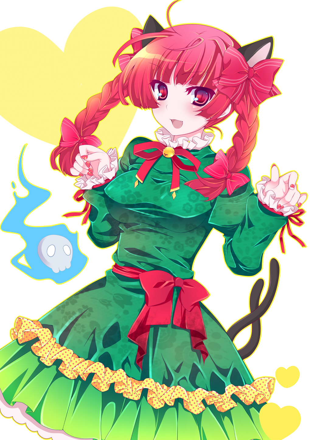 animal_ears bad_id bad_pixiv_id blush bow braid cat_ears cat_tail dress extra_ears fang fingernails fire flame hair_bow highres kaenbyou_rin multiple_tails nail_art open_mouth red_eyes red_hair shino_(mijinko) short_hair skull smile solo tail touhou twin_braids twintails