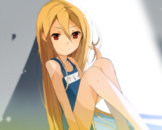 afuro_terumi blonde_hair hinata_(hinata123) inazuma_eleven inazuma_eleven_(series) long_hair male_focus one-piece_swimsuit otoko_no_ko red_eyes school_swimsuit solo swimsuit