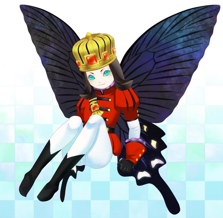 androgynous atlus black_hair blue_eyes boots butterfly_wings crown gloves male male_focus monster oberon oberon_(megami_tensei) shin_megami_tensei solo wings