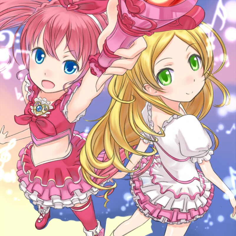bass_clef beamed_eighth_notes blonde_hair blue_eyes bow brown_hair buntan cure_melody cure_rhythm dress eighth_note flat_sign frills heart houjou_hibiki magical_girl minamino_kanade miracle_belltier multiple_girls musical_note no_choker open_mouth pink_bow precure quarter_note scepter sharp_sign sixteenth_note smile suite_precure thighhighs treble_clef twintails yellow_eyes