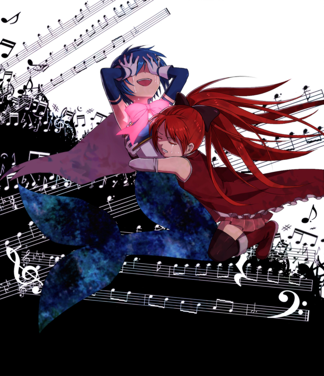 :d accent_mark arms_around_waist arms_up asurafkmt bass_clef beamed_eighth_notes beamed_sixteenth_notes blue_hair boots bow closed_eyes colored_eyelashes contrast despair detached_sleeves dotted_eighth_note dotted_half_note dotted_quarter_note eighth_note eighth_rest elbow_gloves fermata flat_sign gloves glowing hair_over_eyes half_note hands_on_own_face hands_over_eyes highres hug laughing long_hair magical_girl mahou_shoujo_madoka_magica mermaid miki_sayaka monochrome_background monster_girl monsterification multiple_girls musical_note open_mouth pleated_skirt quarter_note quarter_rest red_hair sakura_kyouko shaded_face sharp_sign sixteenth_note skirt smile staff_(music) tears thighhighs time_signature treble_clef white_gloves zettai_ryouiki
