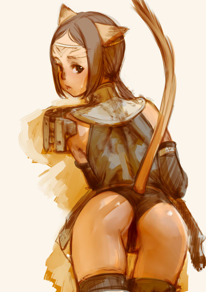 animal_ears armor ass branch_(blackrabbits) brown_eyes brown_hair cat_ears cat_tail final_fantasy final_fantasy_xi from_behind mithra solo sweat tail tail_through_clothes thighhighs