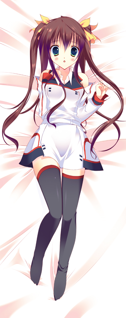 bare_shoulders blush breasts brown_hair female full_body green_eyes hair_ribbon highres huang_lingyin infinite_stratos long_hair lying on_bed open_mouth ribbon school_uniform solo thighhighs twintails white_background zettai_ryouiki