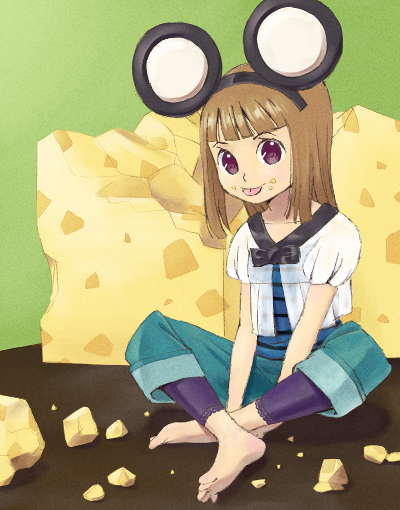 :p animal_ears barefoot cheese feet food food_on_face indian_style leggings mouse_ears original sitting soles solo sunafuki_tabito tongue tongue_out