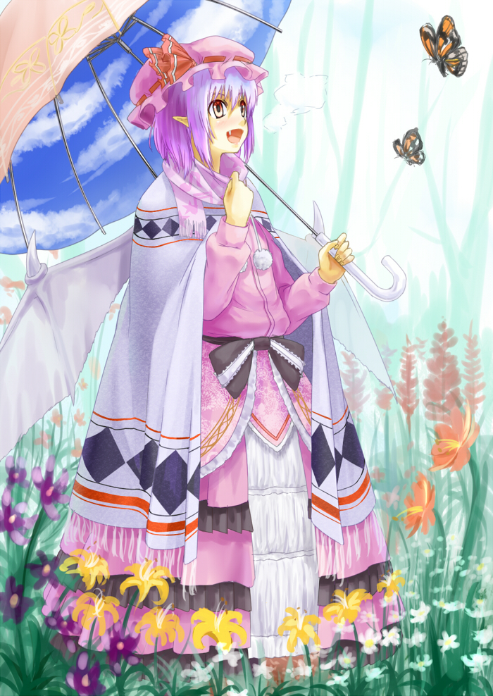 alternate_costume bad_id bad_pixiv_id bat_wings bug butterfly dress fang flower hat insect lavender_hair nishiuri open_mouth parasol pointy_ears poncho red_eyes remilia_scarlet scarf short_hair sky_print solo touhou umbrella wings