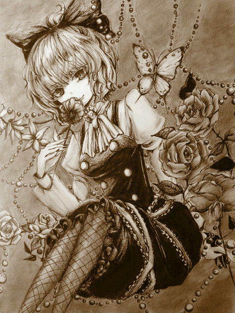bad_id bad_pixiv_id bug butterfly buttons coco_maru colored_pencil_(medium) embellished_costume fishnet_pantyhose fishnets flower holding holding_flower insect jpeg_artifacts kurodani_yamame light_smile looking_at_viewer monochrome pantyhose rose short_hair sitting smelling_flower smile solo touhou traditional_media