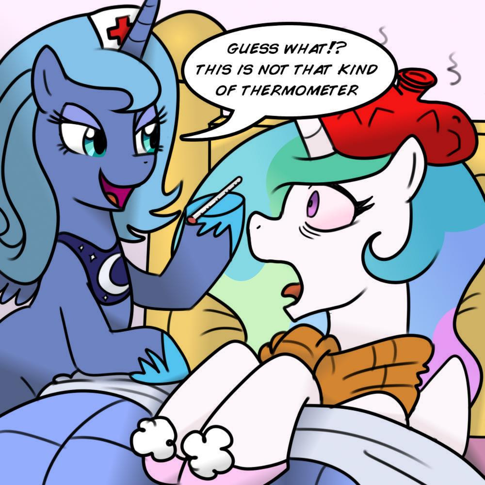 covers dialog english_text equine female feral friendship_is_magic horn horse ice_bag mammal my_little_pony nurse pegacorn pony prepare_your_anus princess princess_celestia_(mlp) princess_luna_(mlp) revenge royalty sibling sick sisters text thermometer unknown_artist winged_unicorn wings