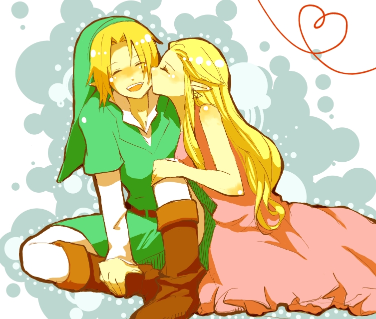 1girl blonde_hair couple hat hetero kiss link mamekakao_(higanbana) pointy_ears princess_zelda smile the_legend_of_zelda the_legend_of_zelda:_ocarina_of_time