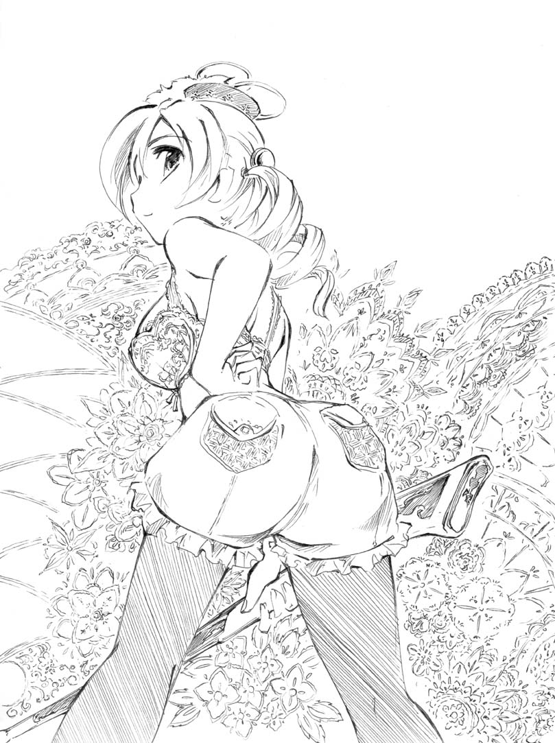 ass ballpoint_pen_(medium) bare_shoulders beret black_legwear bloomers bra breasts drill_hair floral_background from_behind greyscale gun hand_on_hip hat jason_(kaiten_kussaku_kikou) lace leaning_forward lingerie looking_back magical_girl magical_musket mahou_shoujo_madoka_magica medium_breasts monochrome no_shirt pantyhose rifle shadow solo tomoe_mami traditional_media underwear underwear_only weapon