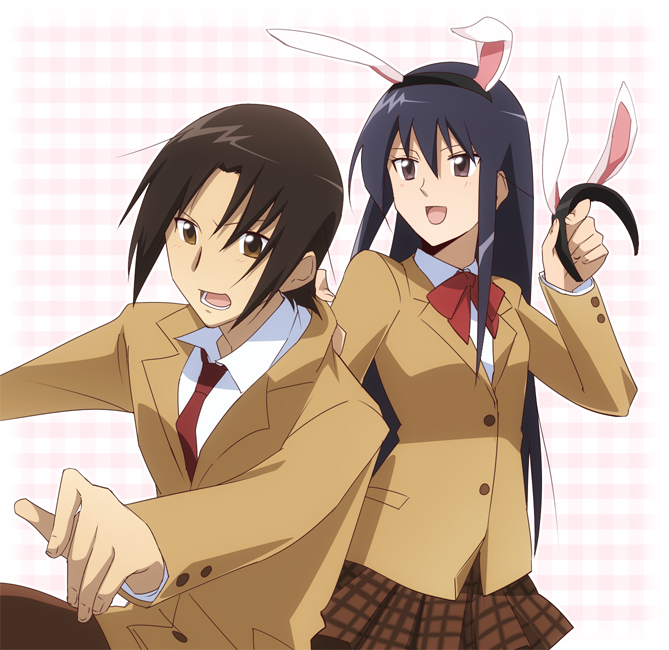 1girl amakusa_shino animal_ears bad_id bad_pixiv_id bunny_ears couple hetero koga_(pasuka) school_uniform seitokai_yakuindomo tsuda_takatoshi