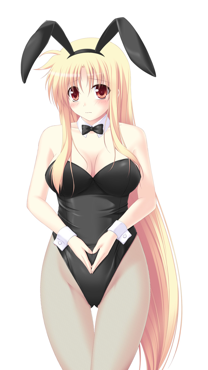amicis animal_ears blonde_hair blue_eyes blush bow bowtie breasts bunny_ears bunnysuit cleavage cuffs fate_testarossa fishnet_pantyhose fishnets highres large_breasts long_hair lyrical_nanoha mahou_shoujo_lyrical_nanoha_strikers pantyhose red_eyes solo thigh_gap