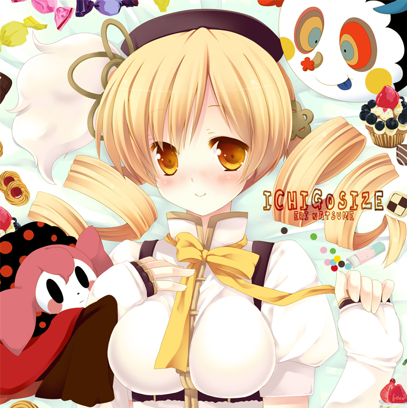 beret blonde_hair blush breasts cake charlotte_(madoka_magica) drill_hair fingerless_gloves food fruit gloves hand_on_own_chest hat large_breasts magical_girl mahou_shoujo_madoka_magica natsume_eri smile strawberry tomoe_mami upper_body yellow_eyes