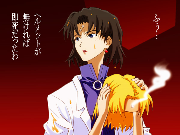 akagi_ritsuko bandaid blonde_hair brown_hair earrings jewelry kakome labcoat mole mole_under_eye neon_genesis_evangelion short_hair solo spoilers translated wig