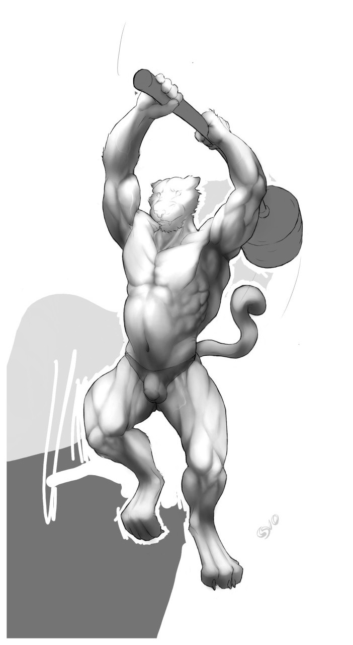 barbell bulge feline ga-be male mammal muscles plain_background solo tiger unfinished white_background