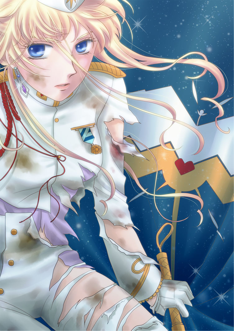 blonde_hair blue_eyes hals0524 hat jewelry macross macross_frontier macross_frontier:_sayonara_no_tsubasa mayan military military_uniform protoculture sheryl_nome single_earring solo torn_clothes uniform
