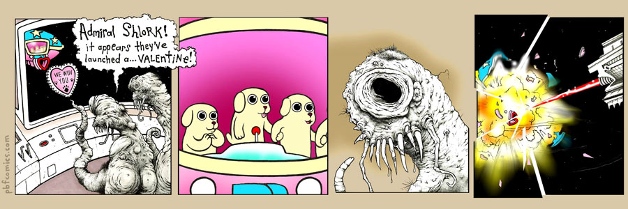 admiral_schlork alien big_eyes canine combat comic cute dog english_text gaping_maw laser nicholas_gurewitch open_mouth perry_bible_fellowship puppy space valentines_day