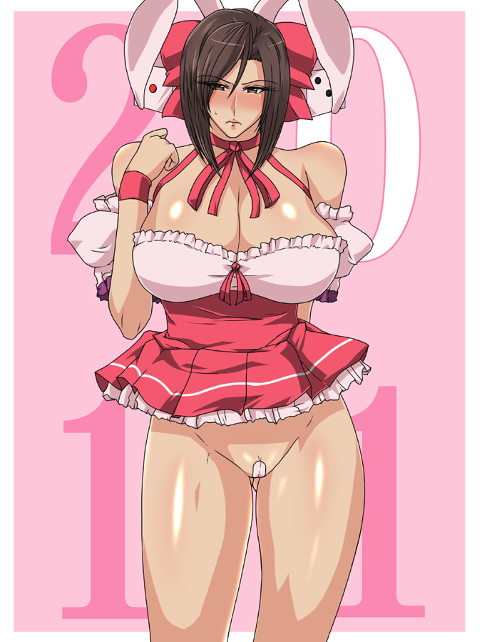 1girl 2011 animal_ears bandaid bandaid_on_pussy blush breasts bunny_ears cameltoe character_request cleavage cosplay di_gi_charat dress dress_lift gureko_rouman huge_breasts looking_at_viewer maebari no_bra no_panties pussy short_dress solo spiral_brain standing uncensored