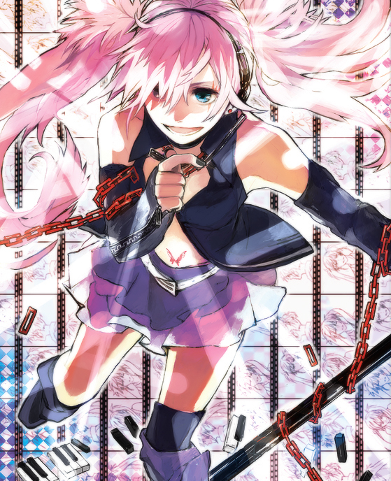 belt blue_eyes boots chain detached_sleeves floating hagane_miku hagane_vocaloid headphones kosao long_hair nail_polish open_mouth pink_hair skirt solo twintails vocaloid